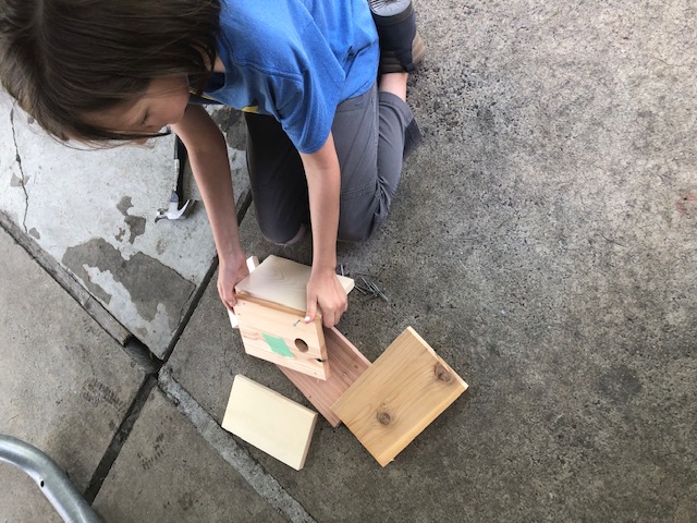 My son putting together his birdhouse