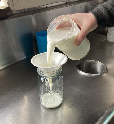 filtering - pouring from an Adams Peanut Butter jar which holds more than 1 qt