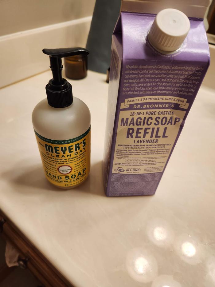 dr bronner's refill into reused mrs. meyers bottle