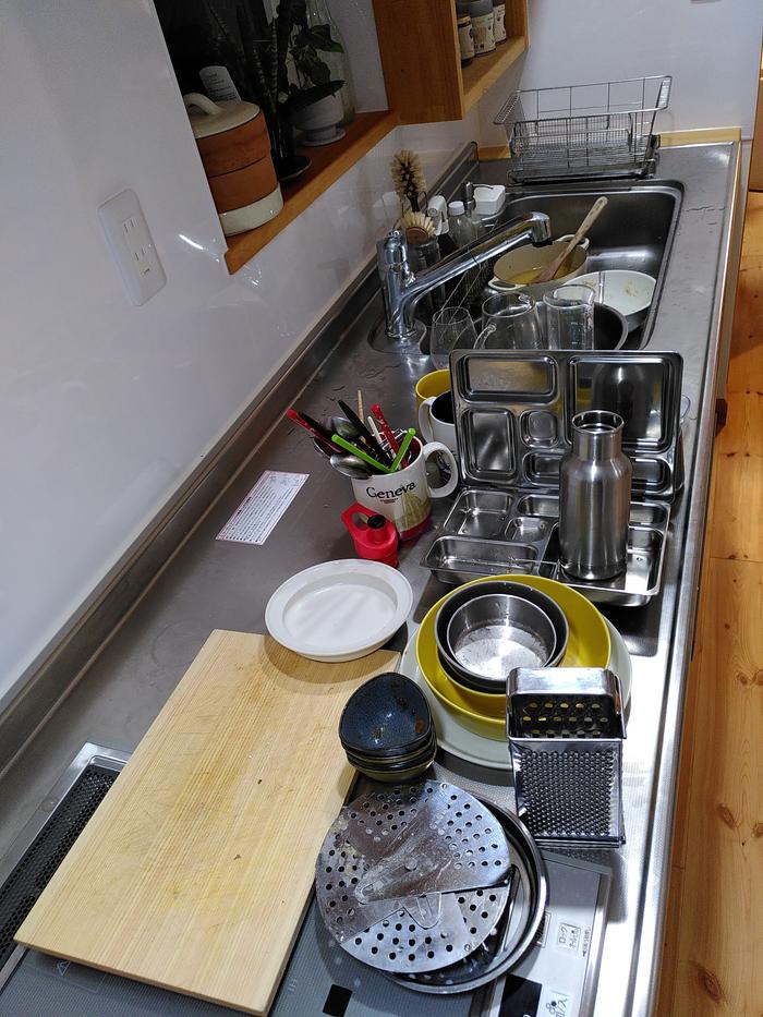 Dirty dishes all lined up in order of dirtiness 