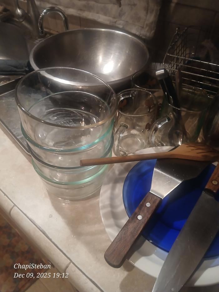 Staged washed dishes, ready to be gently rinsed and placed in dishwasher rack to dry 