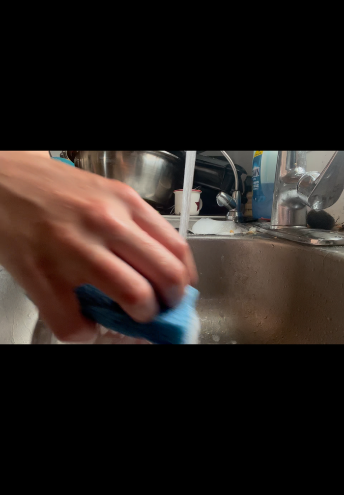 I wash and rinse the dishes hot water and a sponge