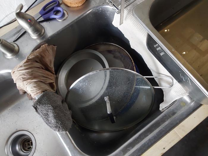 The sink full of dirty dishes 