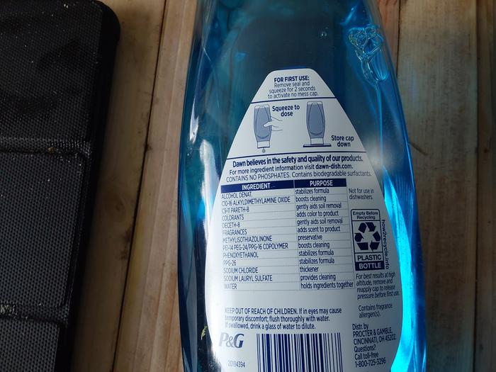 The soap (we later discovered that there was some clear dishwashing liquid buried in the pile behind the stove... 