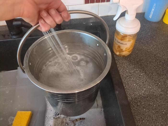 A bucket of hot water with a little bit of my "pee deterrent" (organic vinegar and some citrus peels).