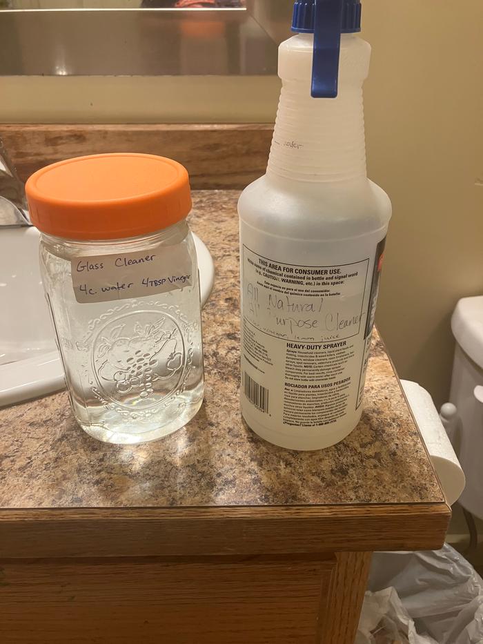 The cleaners used. Glass cleaner for the mirror and the all purpose for the toilet. That’s it!