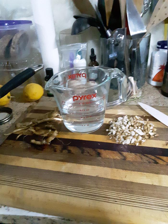 Water and chopped roots, ready to simmer