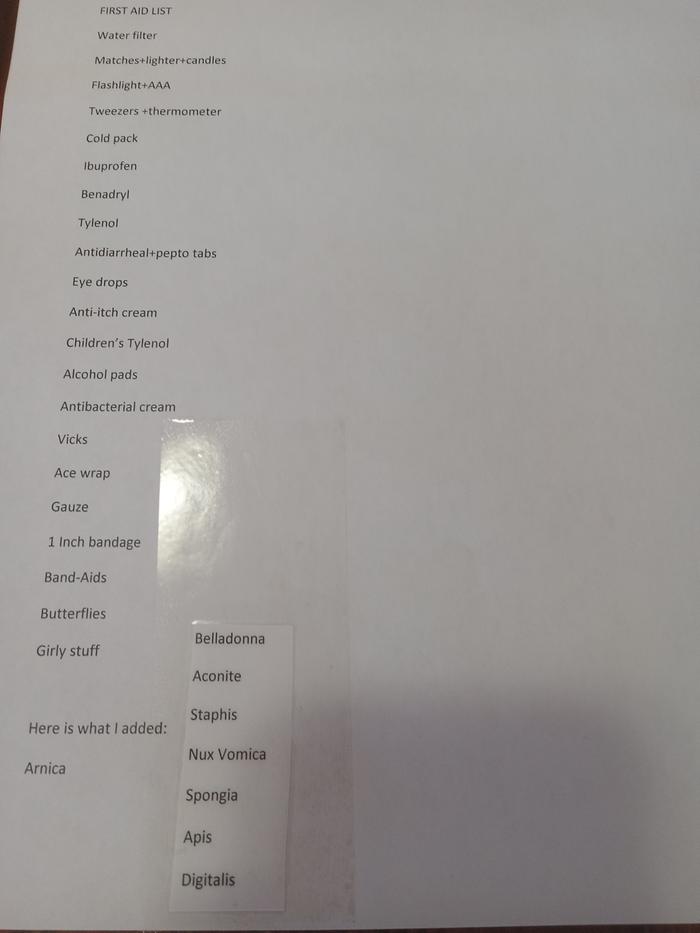 here is the list of supplies that we constructed the first aid kit out of.