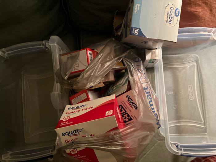 bag of supplies and two boxes