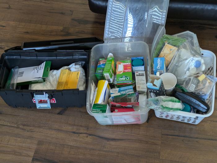 3 bins of first aid stuff