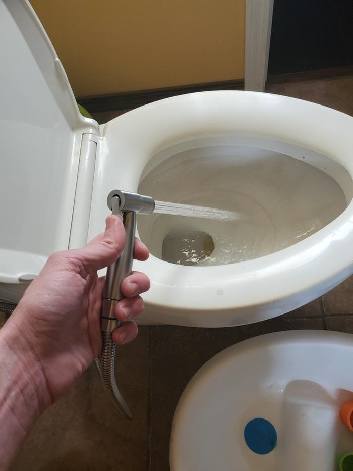 A toilet with a functioning handheld bidet