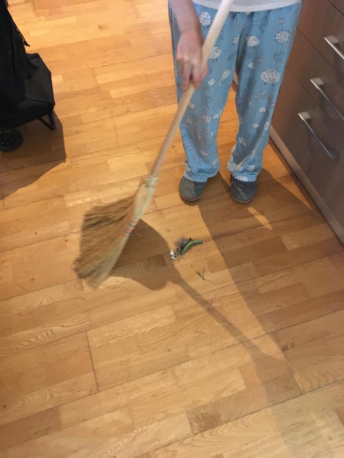 sweeping the floor - realized the reason the kitchen light wasn't working had been because the broom was wedged against the other light switch. problem solved!