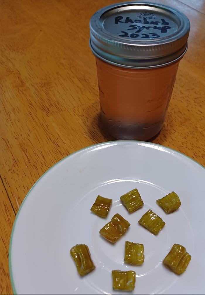 Last of the candied rhubarb pieces and a pint of rhubarb syrup that was a co-product