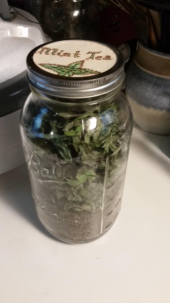 The big leaves are the new mint leaves, filling up the jar. My husband drinks a lot of mint tea