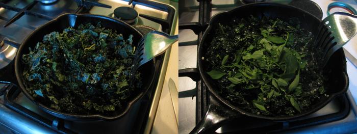 Frying the kale and lambsquarters