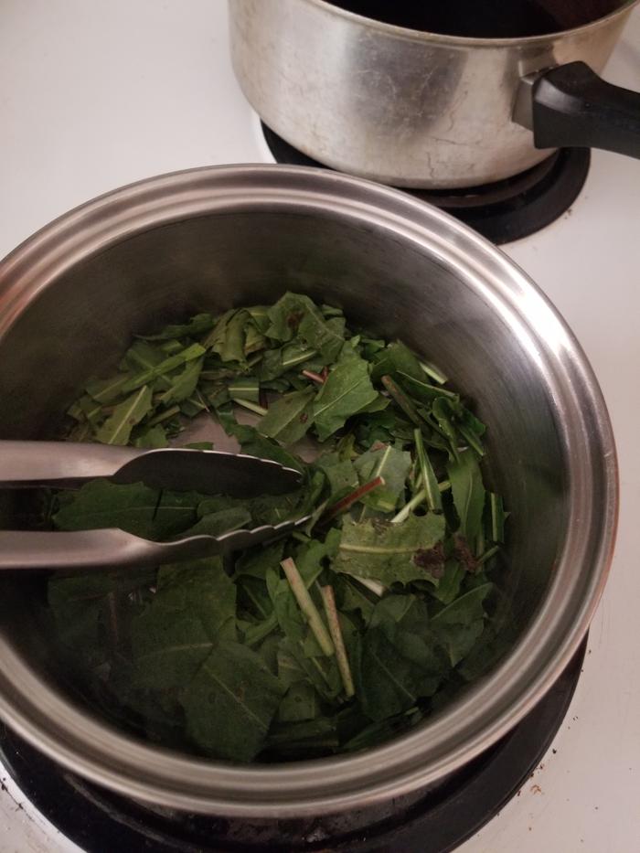 dish 3 sauteing dandelion leaves in lard