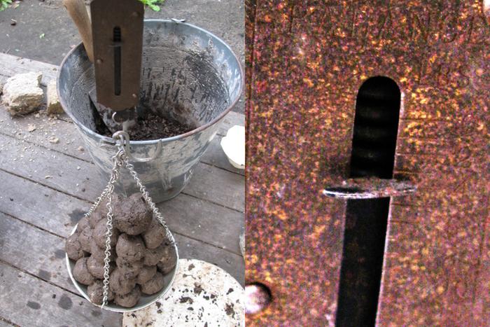 Weighing the finished seed bombs (enhanced view of scale provided--sorry about the lighting)