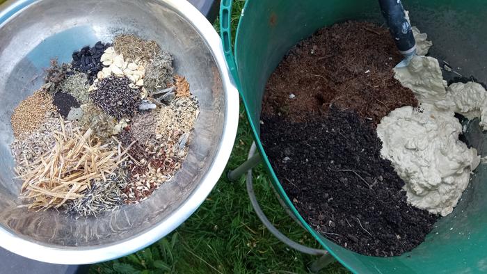 1 part damp compost, 1 part damp coconut coir, 1 part sloppy clay, 1 part mixed seeds