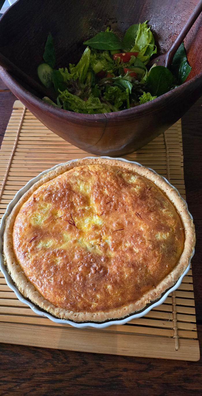 Caramelised onion and cheddar quiche with saffron