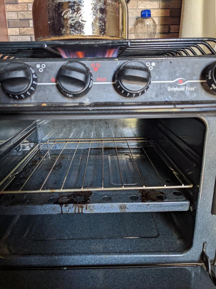 Clean oven even got baked dust bunny under burners 