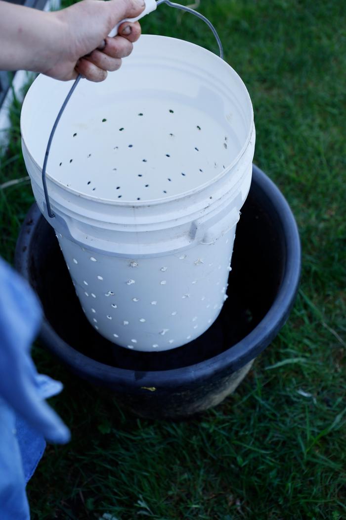 Use a food grade bucket with lid and drill holes