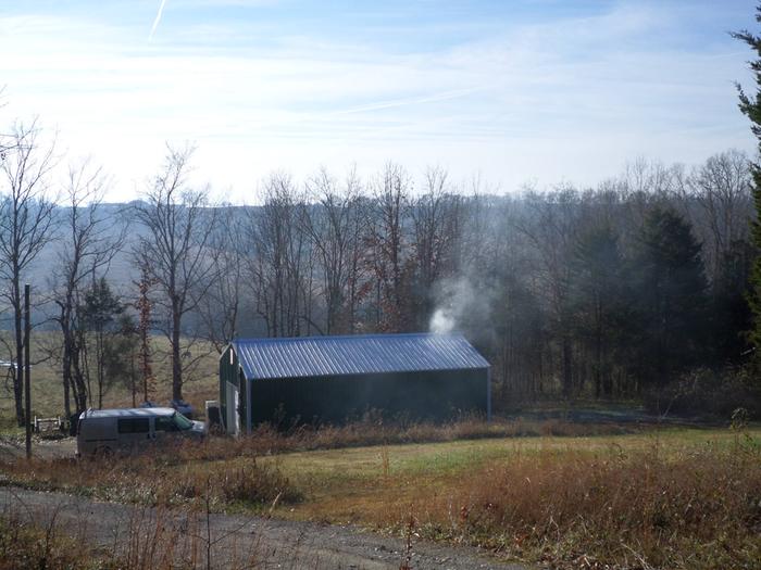 the pole barn on a cool morning