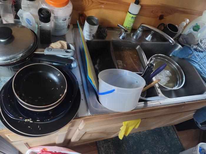 I refilled my water bowl twice during dishes, seen in the far right basin of the sink