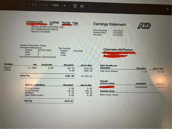 My most recent pay stub. I normally get more hours than this, but I was on vacation with minimal WiFi, and missed out on some time.