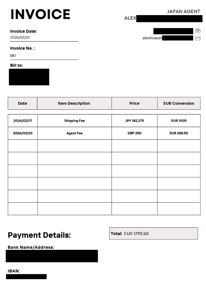 Invoice with mostly censored personal information