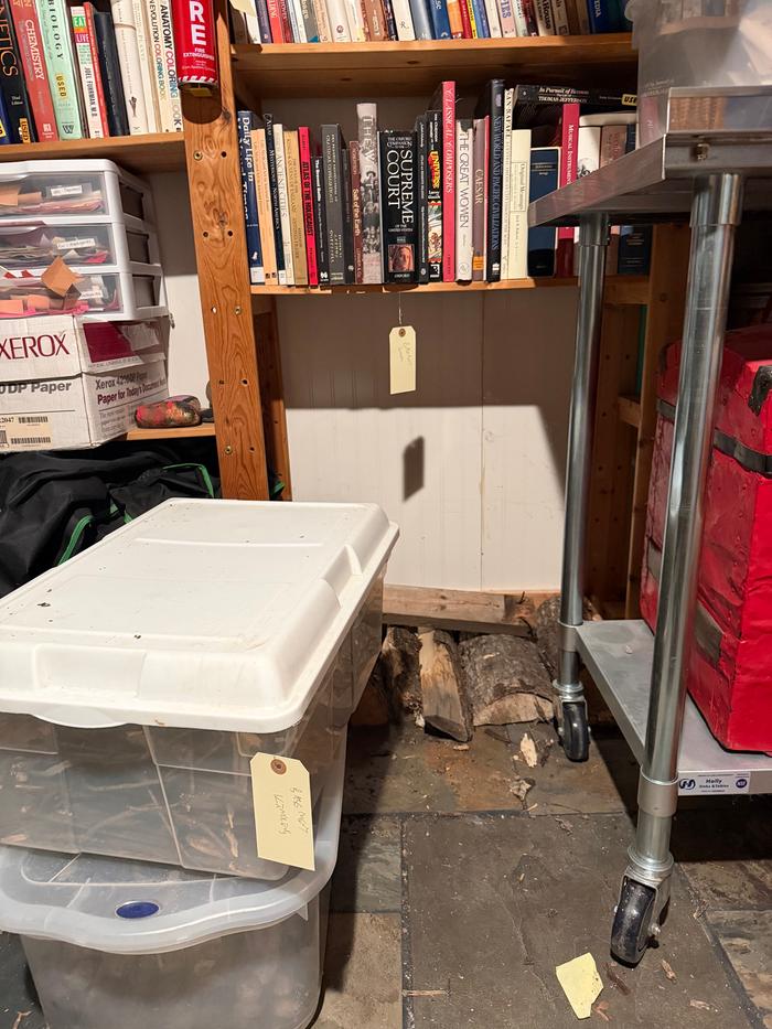 Off to the right, wood storage is made by removing bottom shelf, two tubs full of kindling, and fire extinguisher above