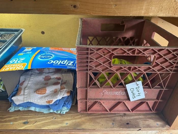 new method - crate for dirty rags and ziploc box for clean rags