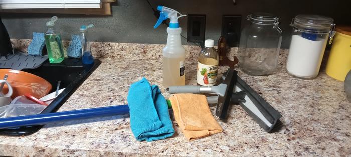 vinegar, water, cloths and squeegees to clean windows