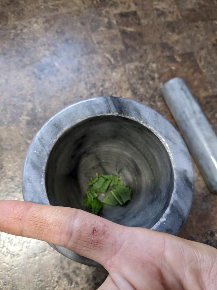 My cut finger, along with the comfrey ready to be ground with mortar and pestle 