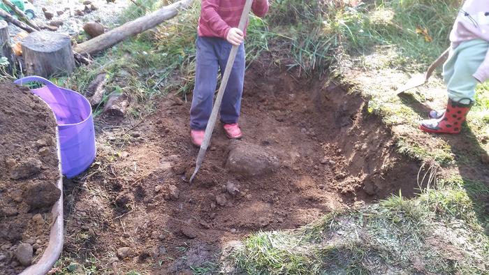 They had a lot of fun trying to scrape it level with the hoe--my son actually hoisted that rock out of the ground with a shovel as a lever!