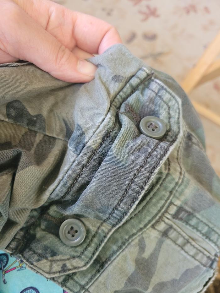 This is a pair of pants that survived two boys, but is too small for the smallest. It will be used tonmake patches for their bigger clothes since it cannot be patched/passed on any more. It had 2 cargo pockets that each had two buttons.