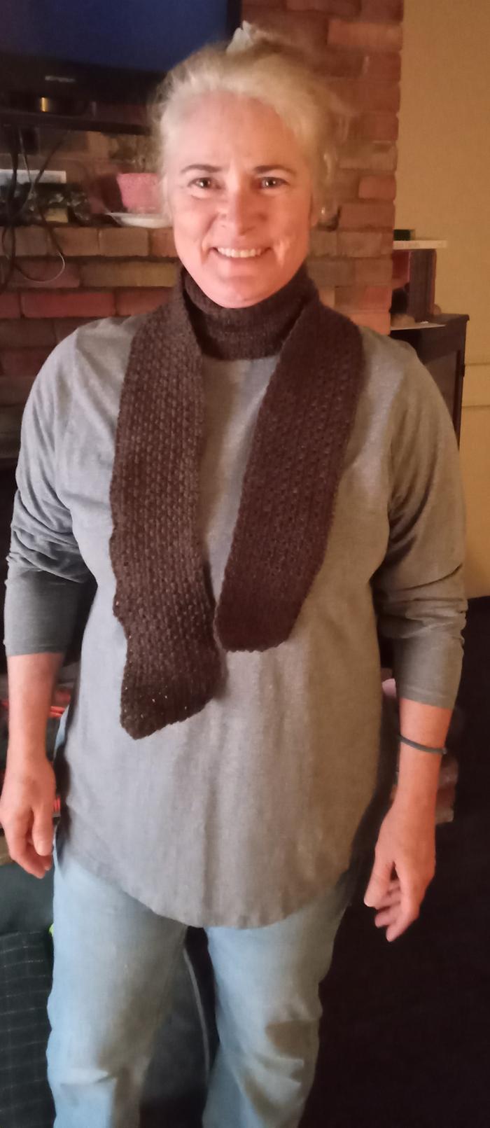 crochet scarf on model