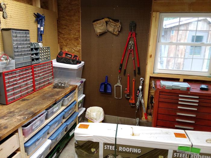 Bolts finally in one place, pegboard on side wall