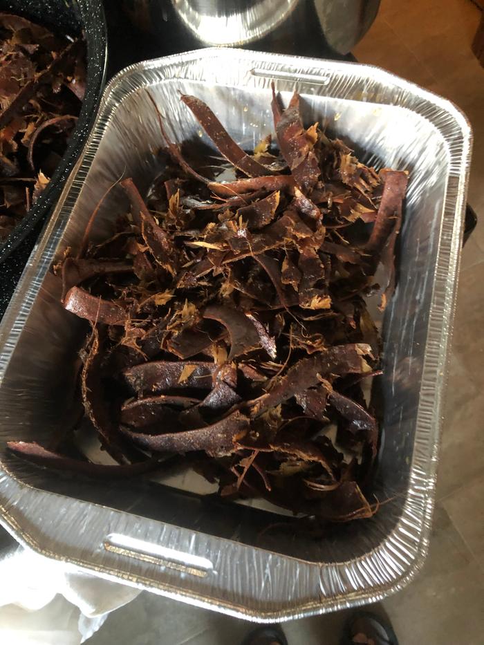 Honey locust pods placed in a baking pan before going in the oven