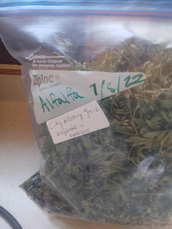 amended label on dried alfalfa container