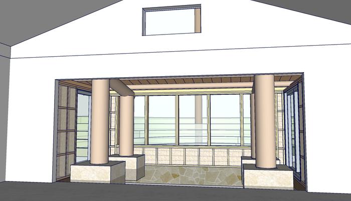 Perspective of solarium garage remodel from inside.