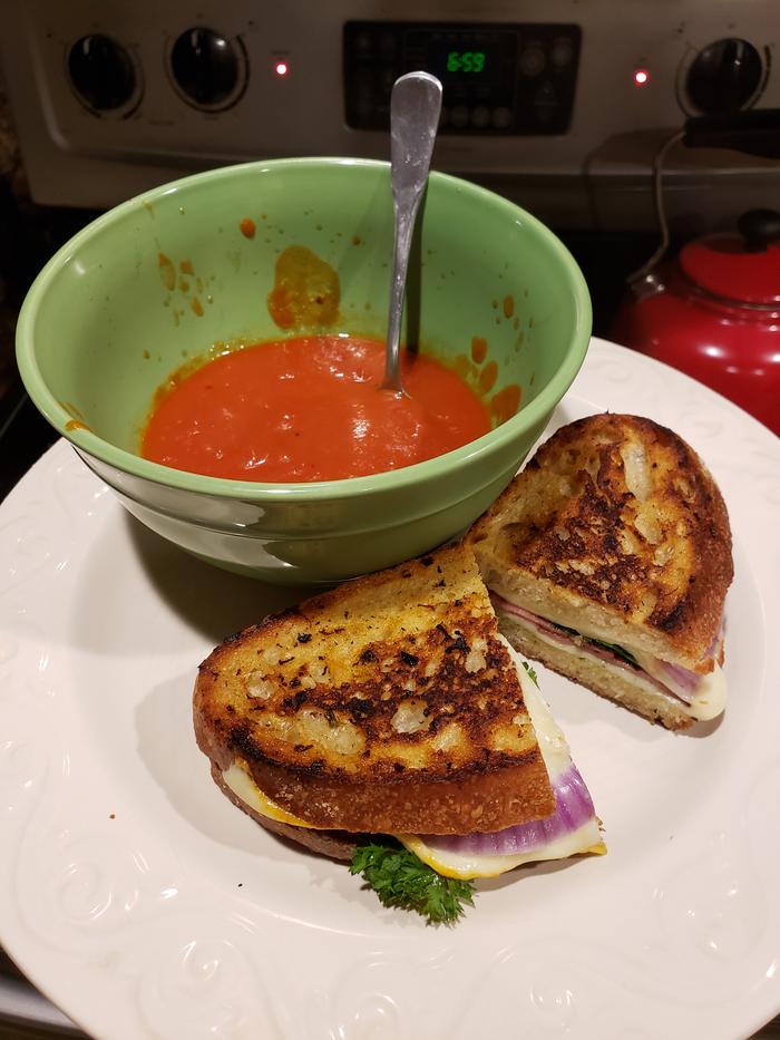 grilled sourdough sandwich and soup