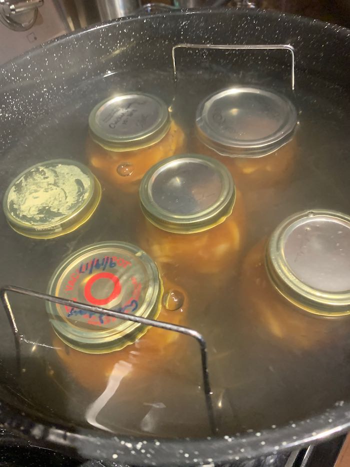 jars in boiling water bath (empty 6th jar to bring up the water level)