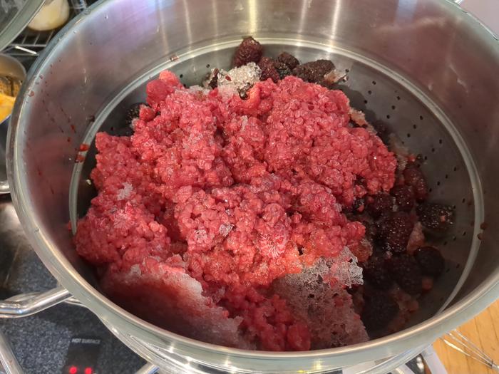 Here are all the partially defrosted berries getting ready to be steamed.