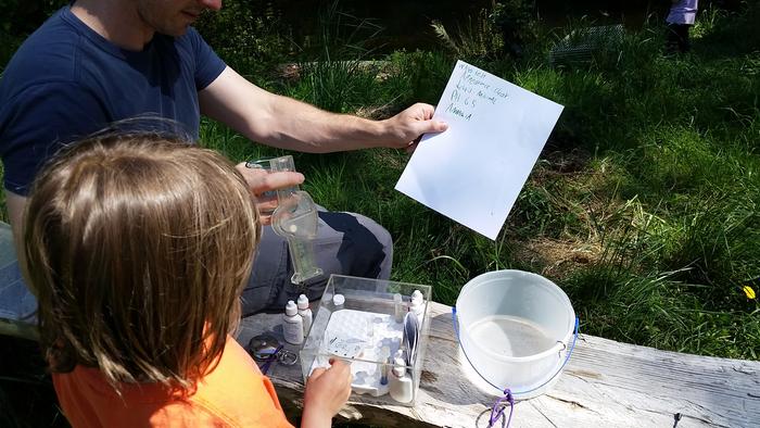 Testing the pond water with an aquarium test kit. Yes, the cabbage indicator did as good of a job as the official PH tester!