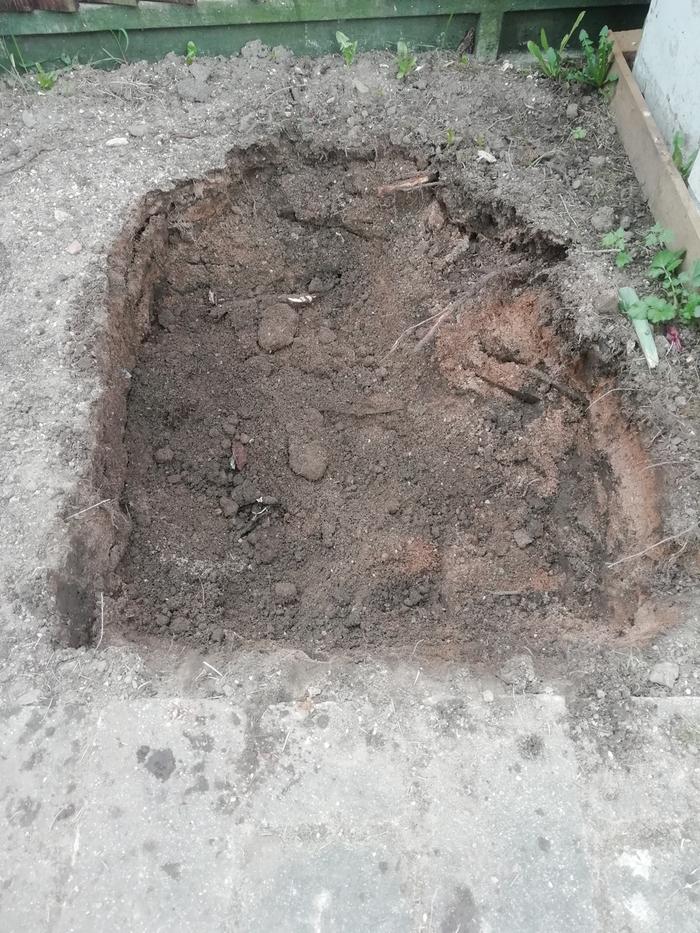 The dirt "quarry" next to the composter. Very sandy stuff but pockets here and there of black crumbly soil