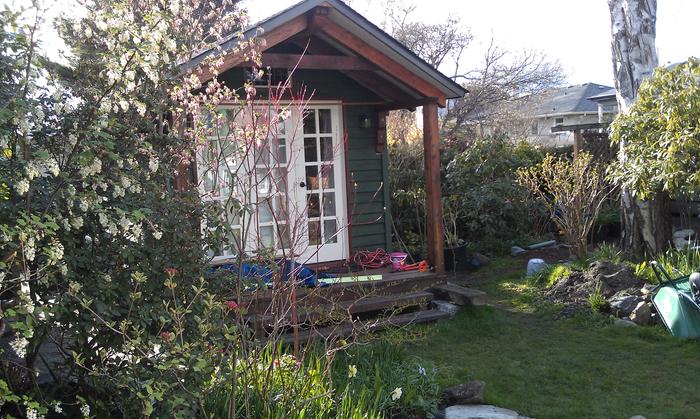 Tiny house with porch peeks out from behind a flower bush