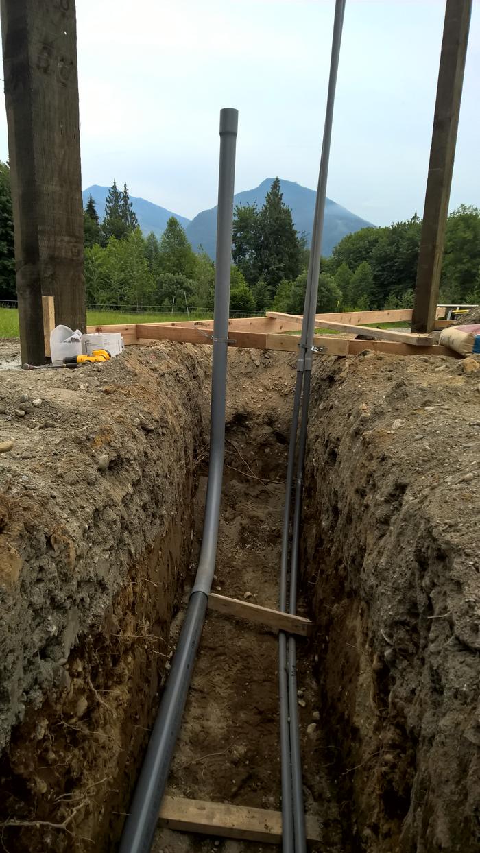 The trench dug with conduit in the trench.