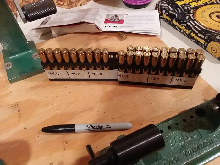 One finished batch of bullets, marked for powder load