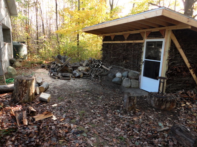 Moved the sawhorse into position and began cutting and splitting the firewood.