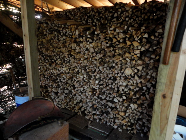 Rocket Mass Heater fuel getting stacked up in the new woodshed!